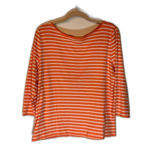 Talbots Top XL Orange White Stripe Boat Neck 3/4 Sleeve Normcore Casual Chic - Picture 4 of 5